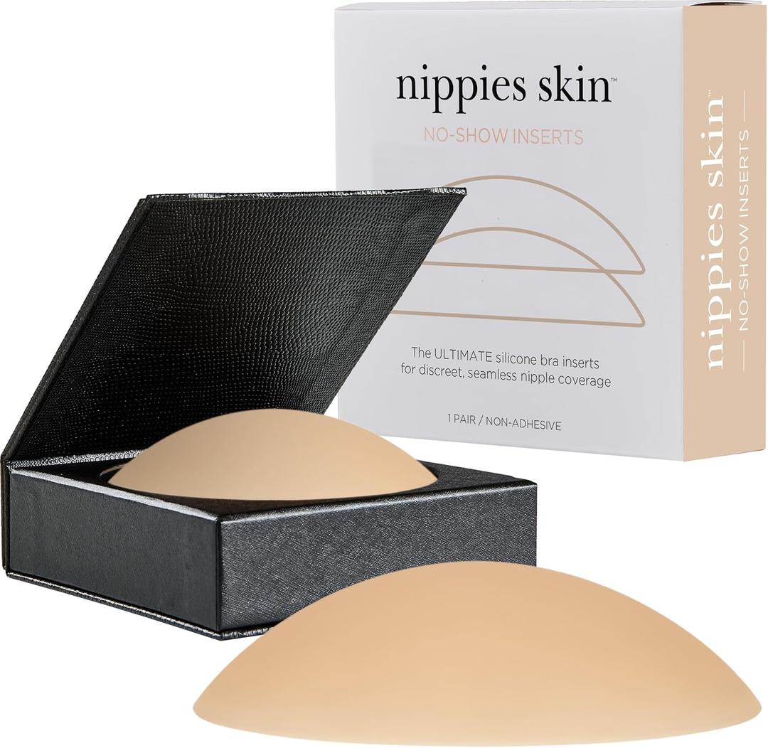 Nippies Non-Adhesive Bra Liner Nipple Covers for Women  Reusable Silicone No-Show Inserts with Travel Box (Size 2 (Fits D+ Cups), Crme)