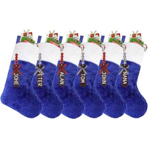 CCINEE 6PCS Blue Christmas Stockings with Wooden Name Tags,18 Inch Large Plush Personalized Xmas Hanging Stocking with Plush Cuff for Christmas Tree Wall Fireplace Home Decoration