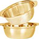 304 Stainless Steel Microporous Colander with Handle, Rice Washers Microporous Strainer Set For washing vegetables, fruits and rice, and draining cooked pasta(2QT with handle-Gold)