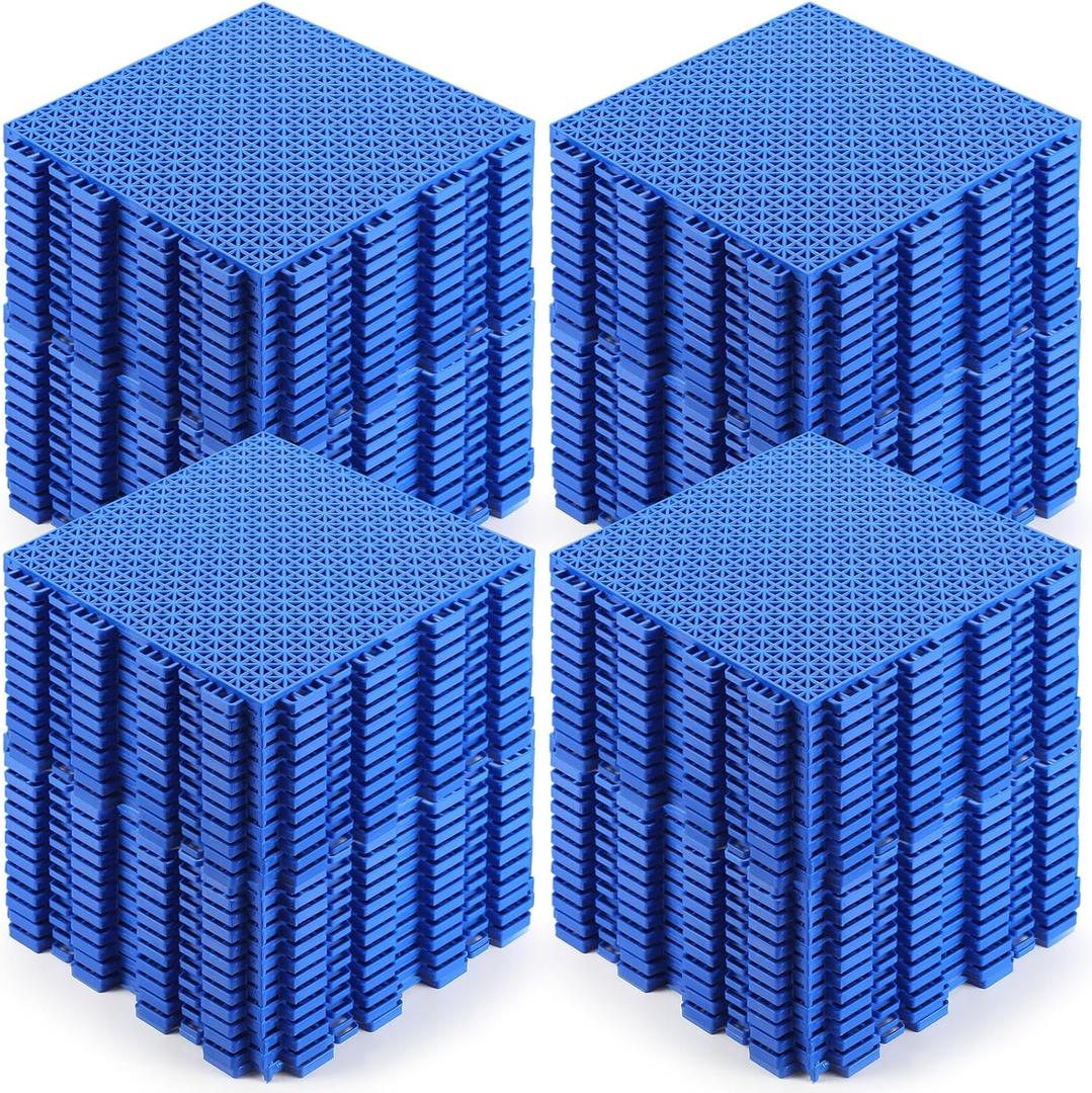 Huwena 100 Pcs Modular Interlocking Cushion Floor Tiles 10 x 10 Inch Non Slip Pool Floor Mat Blue Interlocking Rubber Draining Flooring Tiles with Hole for Drain Deck Patio Balcony Shower Kitchen