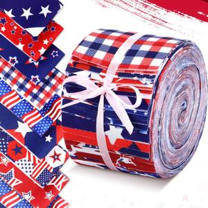 40 Pcs Patriotic Quilting Fabric Roll 2.6 x 40'' Memorial Day American Flag Precut Strips for Quilting 4th of July Red Blue White Retro Roll up Patchwork Fabric for Patriotism Sewing DIY Craft Decor