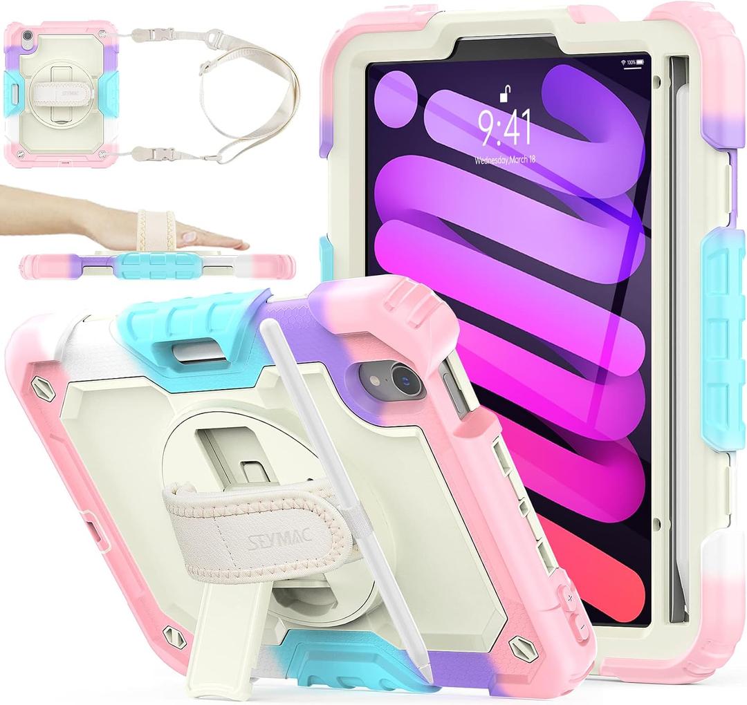 SEYMAC stock Case for iPad Mini 7 (A17 Pro)2024/ Mini 6 8.3'' with Screen Protector Pencil Holder [360 Rotating Hand Strap] &Stand, Drop-Proof Case for iPad Mini 7th/6th Generation 8.3",Yellowish+Pink