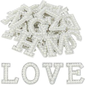 Morcheiong 52Pcs Pearl Rhinestone Letter Patches Self Adhesive A-Z, Stick on Pearl Letter Patches for Clothes, Fabric, Backpack (White)