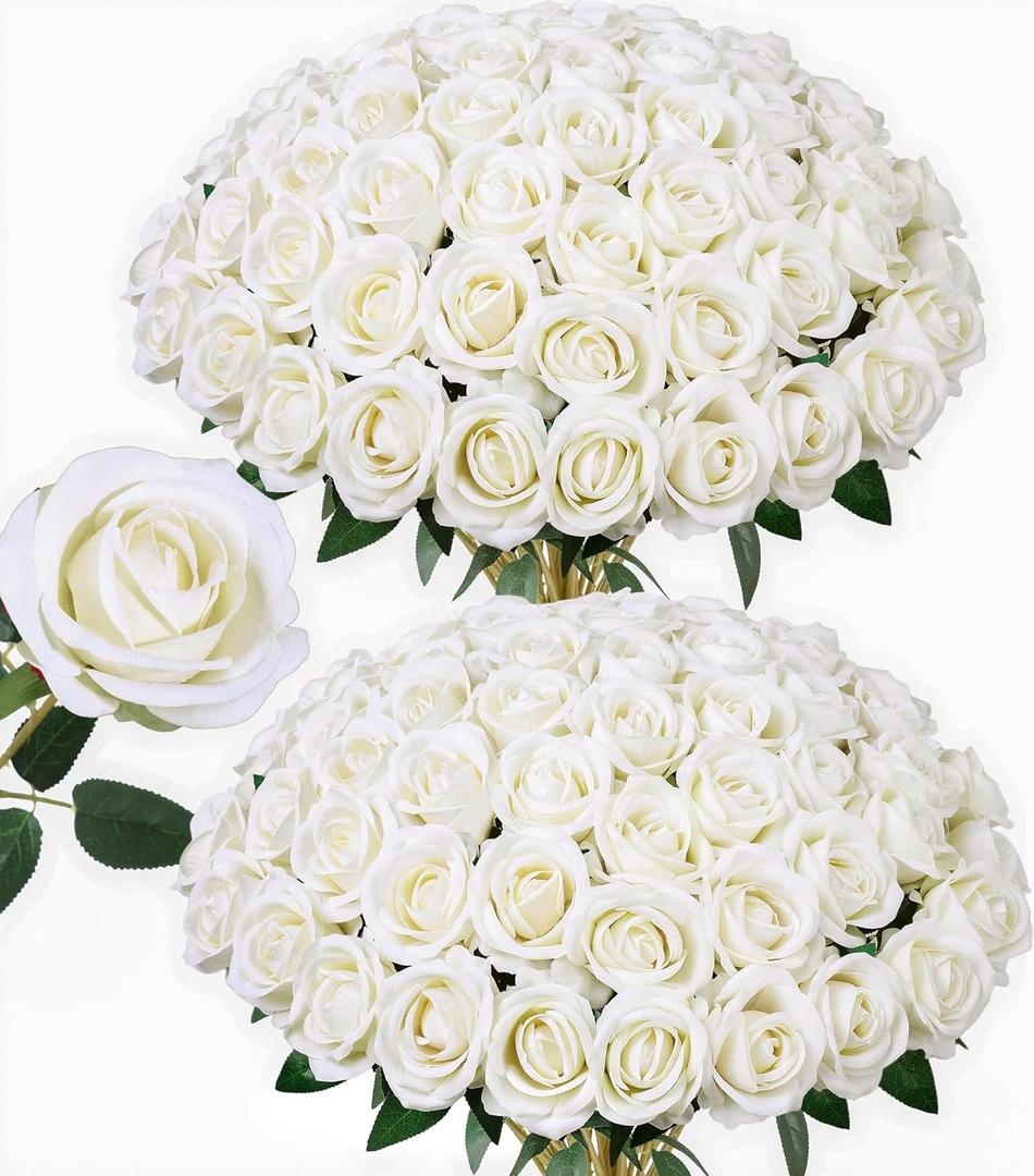 50 PCS Ivory Roses Artificial Flowers, Fake Roses with Stem Realistic Silk Roses for DIY Wedding Bouquets Tables Centerpieces Arrangements Baby Shower Birthday Home Decor Valentine's Day Gift for Her