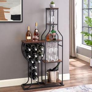 5 Tier Freestanding Rack with Hanging Glass Holder and Organizer, Storage Home Bar. 11 Bottle Grill for Kitchen, Dining Room., Antique Brown. (Metal & Wood, Antique Brown)