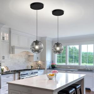 ykolupty 1-Light Black Pendant Light Fixtures Modern Smoke Gray Glass Globe Pendant Lights Kitchen Island Adjustable Hanging Lights Globe Stairwell Lighting Black Chandelier for Dining Room, Diameter of 6 inches