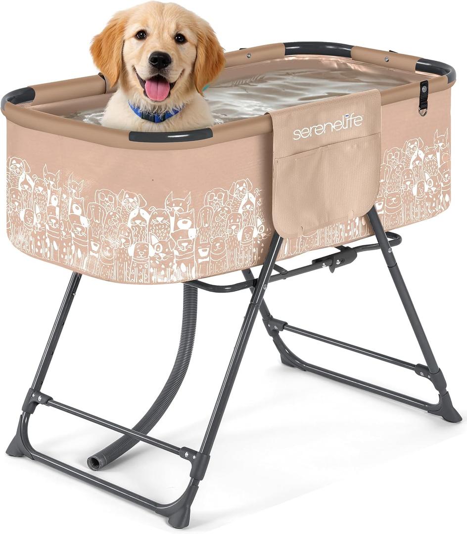 SereneLife Foldable Dog Bath Tub with Adjustable Height, 360 Access, Drain Hose & Storage Pockets 130 lb Capacity Grooming Station for Indoor/Outdoor Use (Beige)