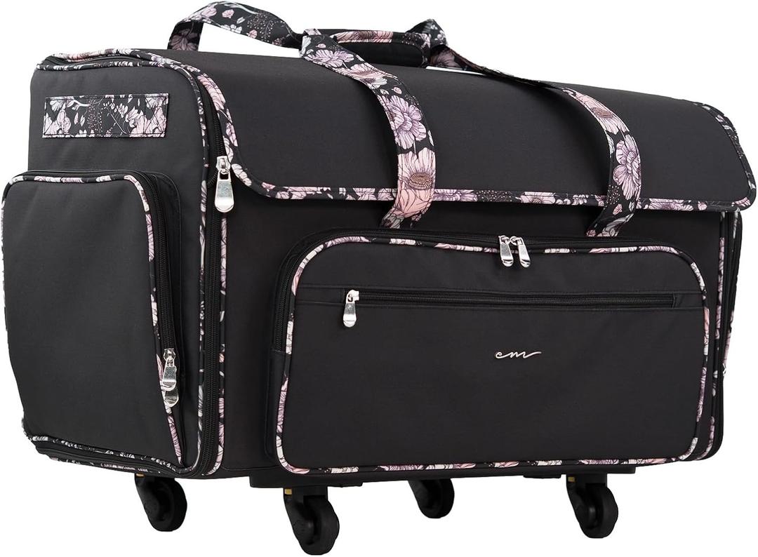 Everything Mary XXL Rolling Sewing Machine Case – Black & Floral Trim Wheeled Craft Bag – Spacious Organizer with 4 Wheels & Multiple Pockets for Sewing Supplies