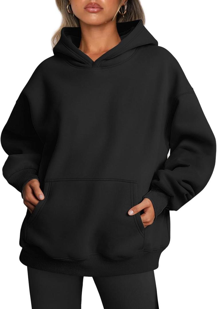 Trendy Queen Womens Oversized Hoodies Fleece Sweatshirts Sweaters Spring Outfits 2025 Pullover Fall Winter Clothes (Large, Black)