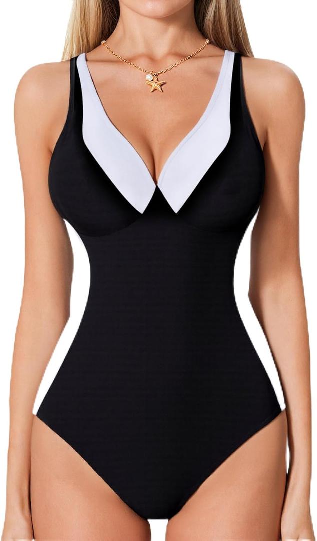Smismivo Tummy Control Swimsuits for Women Slimming One Piece Bathing Suit Curvy Retro Vintage 2025 Color Block Swim Suit (M)
