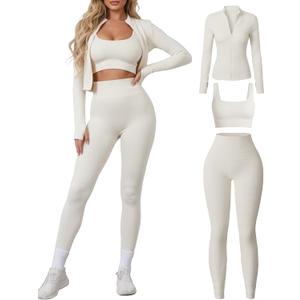 Women 3 Piece Seamless Workout Set Sports Bra High Waisted Gym Yoga Leggings Zip Up Jacket with Thumbhole Activewear (Beige, L)