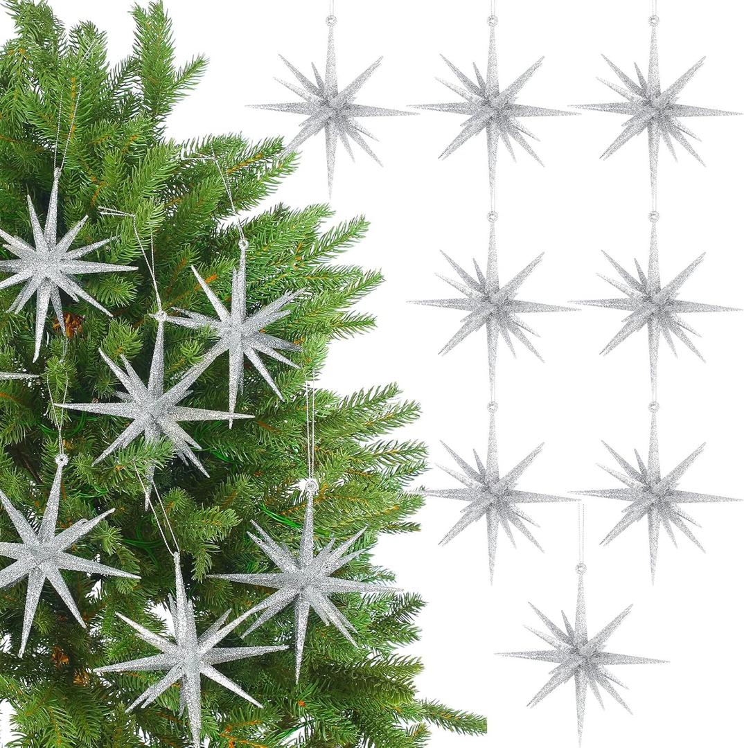 6 Inch Set of 8 Glitter Large Star Hanging Ornaments Christmas Tree Decorations Plastic Festive Embellishments Pendant, Shiny Holiday Decor (Silver)