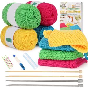 Aeelike Knitting Kit for Beginners, Complete Beginner Knitting Kit Easy Knitting Set Including Knitting Needles Set Cotton Yarn, Learn to Knit Dishcloth with Step-by-Step Instructions, Colorful