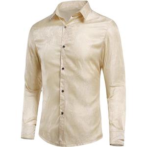 Cloudstyle Men's Paisley Shirt Long Sleeve Dress Shirt Button Down Casual Slim Fit (Medium, Champagne)