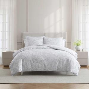 Vera Wang - Queen Comforter Set, Reversible Floral Bedding with a Naturally Soft Feel, 3 Piece Bed Set with Matching Pillowcases (Nebulous Flower/Etched Stripe Grey)