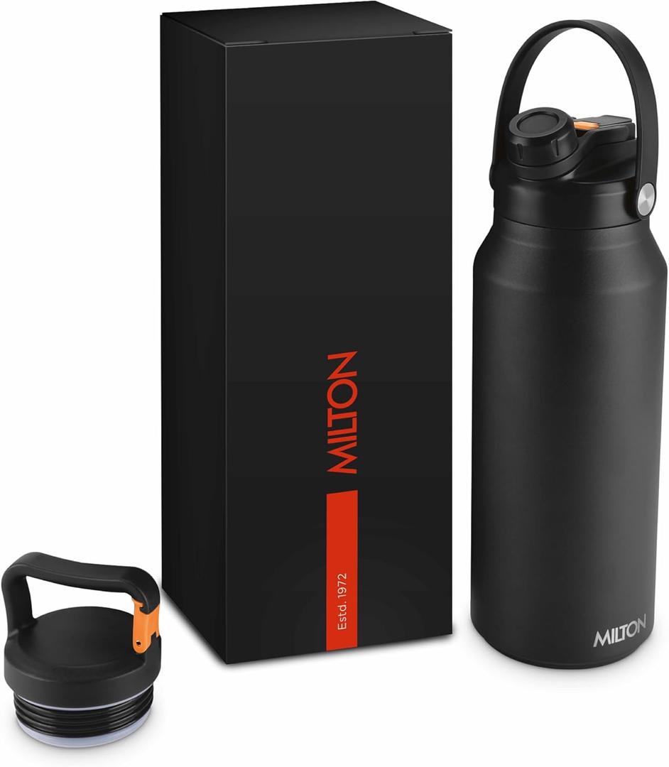 Milton 40 Oz Stainless Steel Water Bottle with Straw Lid - 2 lids included, Double Walled Vacuum insulated Thermos, 12 Hour Hot, 24 Hour Cold, Leak proof design for Sports, Gym, Ultrasip, Black