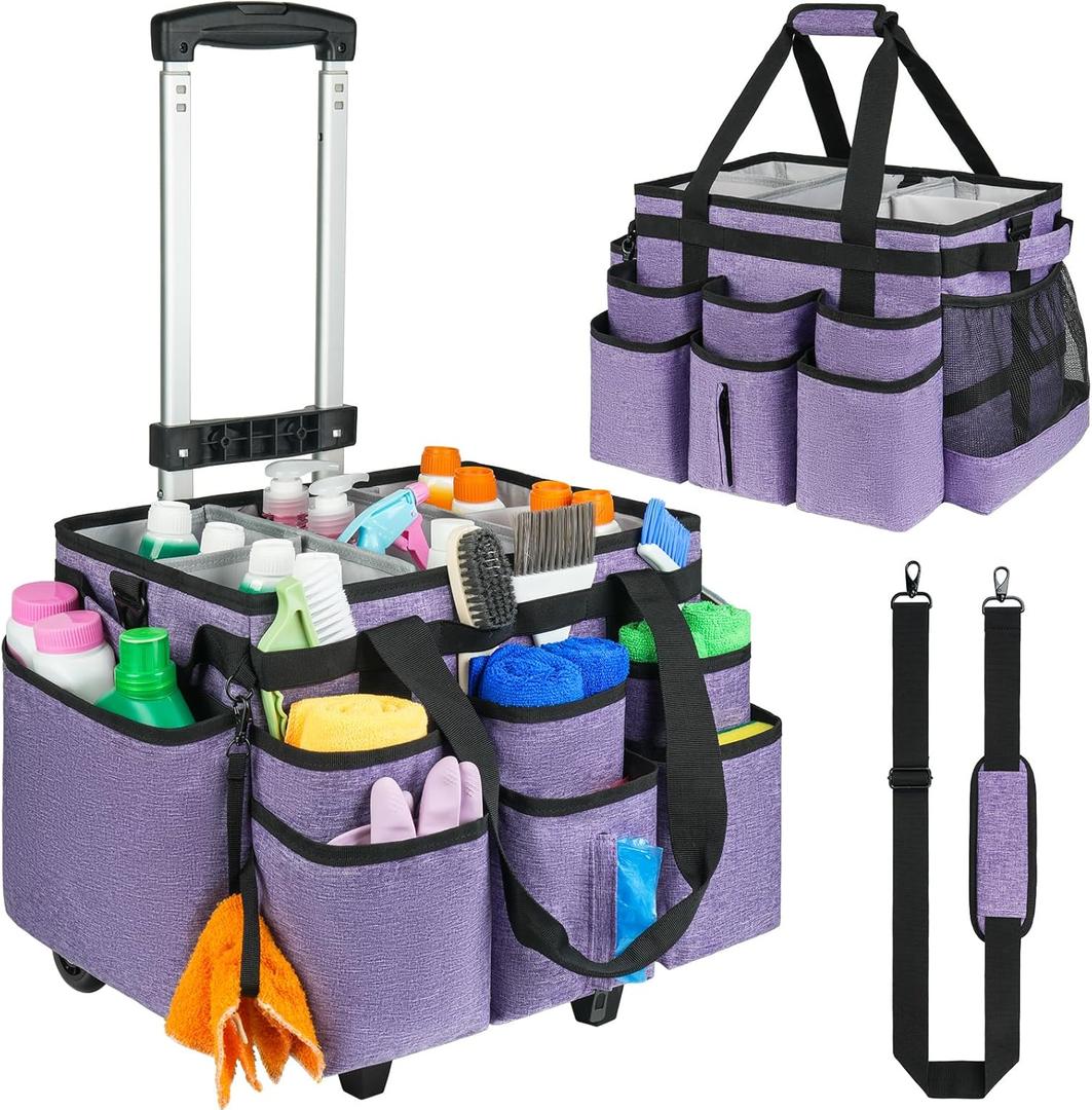 Large Rolling Cleaning Caddy Bag with Detachable Trolley,Cleaning Cart on Wheels with Shoulder Strap,Cleaning Supplies Organizer for Housekeepers,Purple