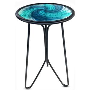 Patio Side Table, Small Round End Table, Metal Side Table Outdoor, Small Porch Table for Indoor Balcony Furniture Decor (Blue Glass 12inch)