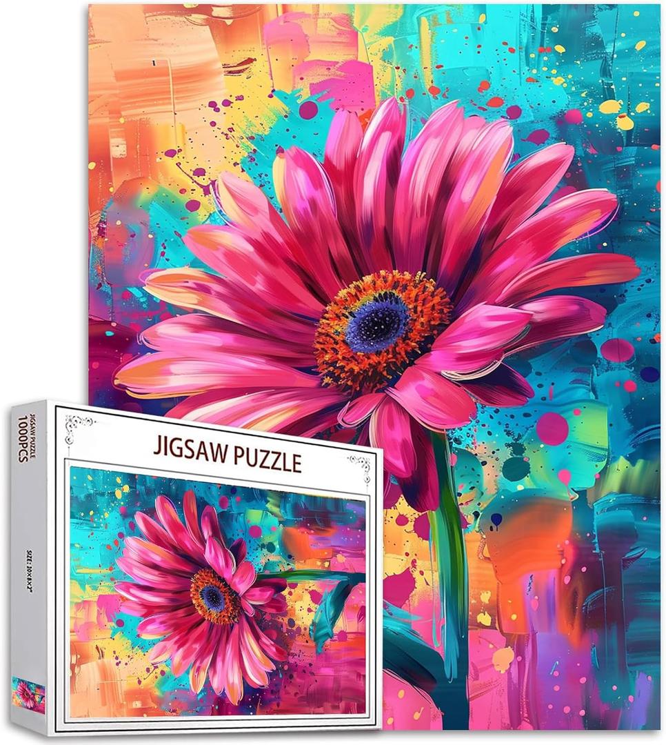 Pink Gerber Flower Jigsaw Puzzle 1000 Pieces for Adults,Valentine Day Colorful Style Floral Jigsaw Puzzles for Challenging Family Activity Games DIY Puzzle for Home Wall Decor Gifts - 20 x 27 Inches