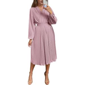 PRETTYGARDEN Women's Spring Midi Dress Long Puff Sleeve Wrap V Neck Flowy Ruffle Pleated Casual Fall Dresses (Pink, L)