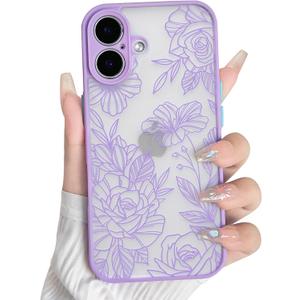 NITITOP Compatible with iPhone 16 Case Cute Aesthetic Floral Flower Vintage Rose Pattern Matte Clear Women Girl Full Camera Lens Slim Hard PC Shockproof Pritective Cover - Purple