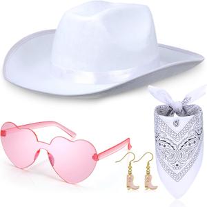 Syhood 4 Pcs Cowgirl Hats Party for Girl Women Cowgirl Hat with Heart Glasses Bandana Cowboy Costume (White)