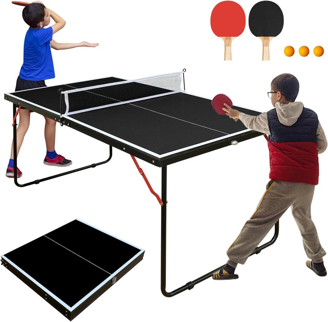 4.5/6ft/9ft Mid-Size Portable Ping Pong Tables Set, Foldable Table Tennis Table with Net,2 Paddles & 3 Balls, Professional MDF Tables for Indoor/Outdoor Multi-Use Free Standing Ping Pong Table (Black)