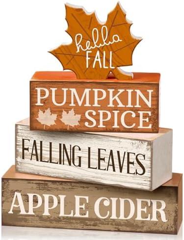 Moucuny 4 Pcs Fall Decor Wooden Maple Leaf Decoration Thanksgiving Tiered Tray Decor Rustic Wooden Maple Leaf Block Sign Thanksgiving Table Centerpiece Farmhouse for Autumn Harvest Party Home Kitchen