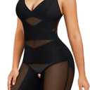 REYEOGO Bodysuit Shapewear for Women Tummy Control Butt Lifter Full Body Shaper Seamless Thigh Slimmer Faja V-Neck Jumpsuit (Large, Black)