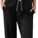 Ekouaer Women Pajamas Set Button Down Sleepwear Short Sleeve Nightwear with Long Pants Soft Pjs Set, M, Black