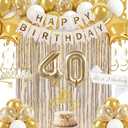 40th Birthday Decorations for Women, Champagne Gold 40th Birthday Decorations Women, 40 Sash and Crown, Banner, Fringe Curtains, Hanging Paper Fans, 40 and fabulous decor