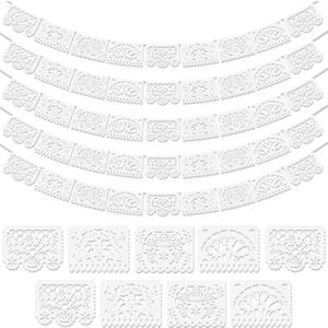 5 Pack White Papel Picado Banner, Cinco De Mayo Plastic Mexican Party Banner Wedding Fiesta Party Decoration May 5 Mexican Themed Party Decor, Mexico Birthday Party Supplies - 4 Patterns/90Ft