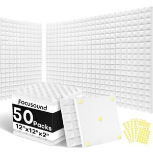 Focusound White Acoustic Panels 50 Pack 2"x12"x12" with 300 PCS Double-Side Adhesive - Sound Proof Pyramid Foam for Walls, Home Studio Noise Absorption & Echo Control Kit