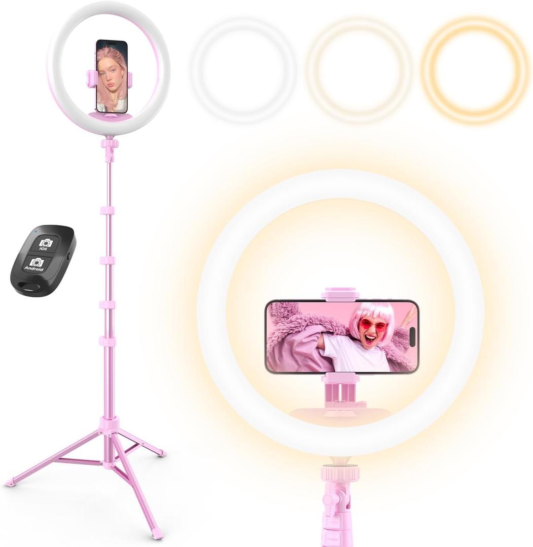UBeesize 12 Selfie Ring Light with 62 Extendable Tripod Stand & Remote, LED Light with Phone Holder for Video Recording/Makeup/Content Creator (YouTube/TikTok/Twitch), Phone, Camera & Webcam (Pink)
