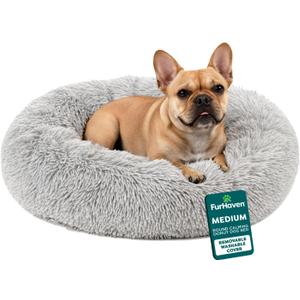 Furhaven 30" Round Calming Donut Dog Bed for Medium/Small Dogs, Refillable w/ Removable Washable Cover, Up to 45 lbs - Shaggy Plush Long Faux Fur Donut Bed -Mist Gray, Medium,30.0"L x 30.0"W x 10.0"Th