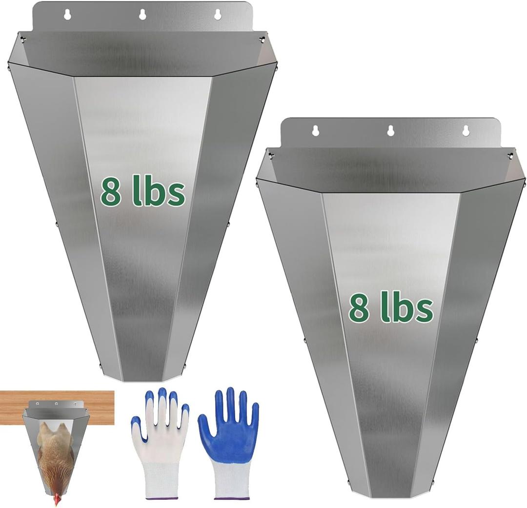 Medium Chicken Cone, Stainless Steel Poultry Restraining Cone with 2 Pairs of Safety Gloves, Flat Back Design, Chicken Processing Equipment for Laying Hens, Broilers, and Turkeys up to 8 lbs (2 Pack)