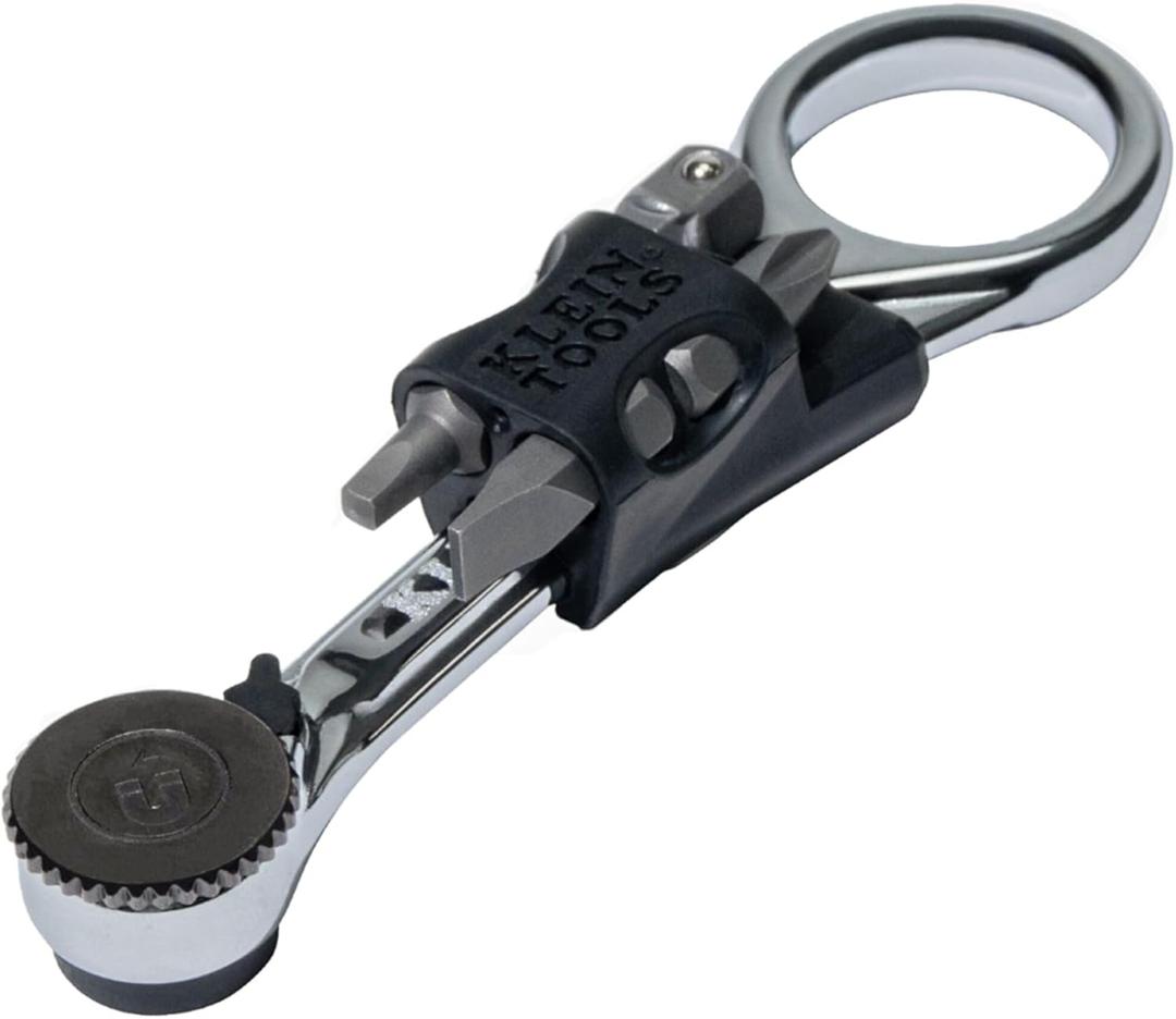 Klein Tools 65200MAG Slim-Profile Magnetic Mini Ratchet, 90-Tooth Ratchet Screwdriver Set with 1/4-Inch Nut Driver, 4 Bit Storage, Includes Phillips, Slotted, Square, and Nut Driver Adapter