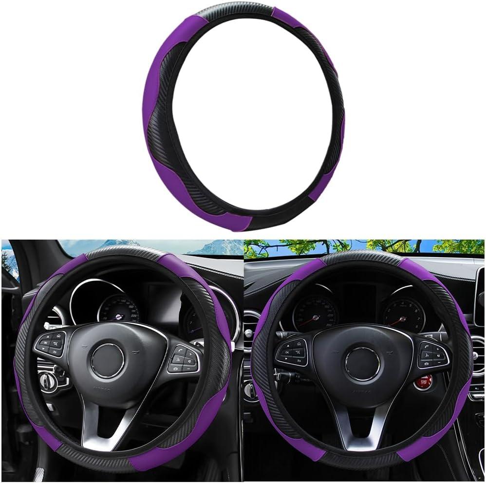Car Steering Wheel Cover, Universal Microfiber PU Leather Elastic 15 inch Stitching Color Anti-Slip Steering Wheel Protector, Car Interior Protection Accessories for Men Women (Black/Purple)