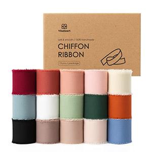 Vitalizart Chiffon Silk Ribbon 1 1/2 Inch x 75 Yd Handmade Frayed Edge Assorted Ribbons for Gift Wrapping Bridal Bouquets Baby Shower Wedding Invitations