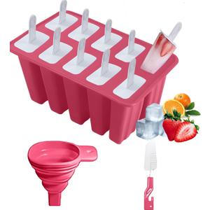 Silicone Popsicle Molds 10 Pcs Ice Pop Maker Molds with 10 Reusable Sticks, Cleaning Brush and Funnel - Homemade Easy-Release Reusable Popsicle Moulds Shapes (Red)