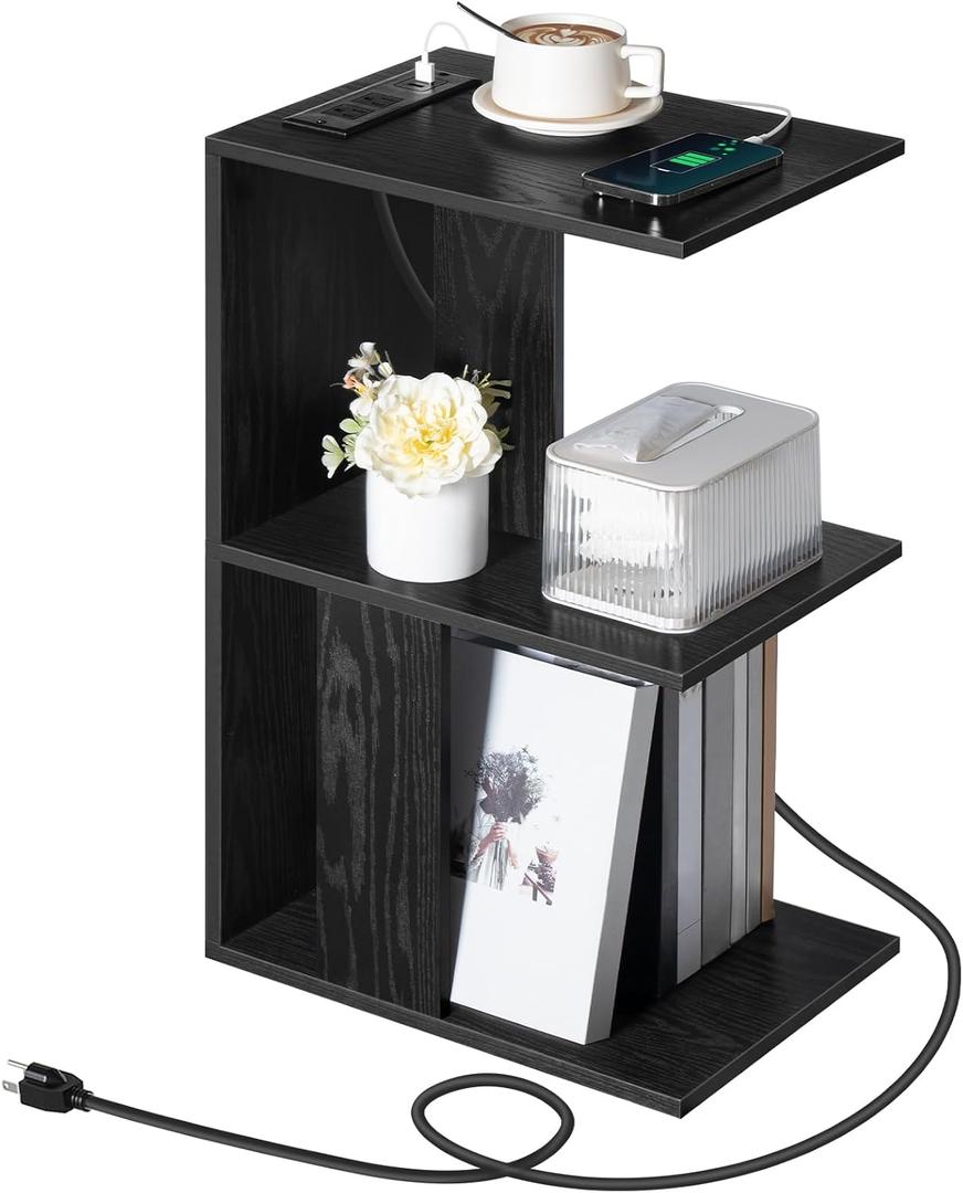 End Table with Charging Station, Narrow Side Table for Small Spaces with USB Ports and Outlets, Bedside Nightstand with Light, Narrow Table for Living Room, Black ETHB18E01