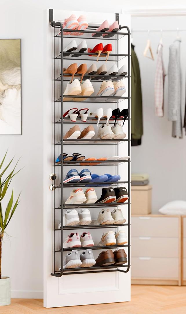 Whitmor 36 Pair Over the Door Shoe Rack,12 Tier Hanging Shoe Organizer with Metal Frame & Mesh Shelves, Heavy Duty Shoe Storage Holder for Door, 74" H x 21.7" W x 7.5" D, Matt Gunmetal