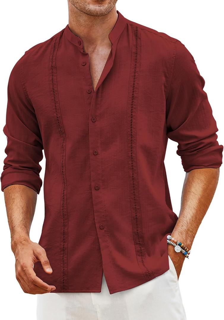 COOFANDY Men's Cuban Guayabera Shirt Casual Long Sleeve Button Down Shirts Band Collar Linen Summer Beach Shirt (XXL)