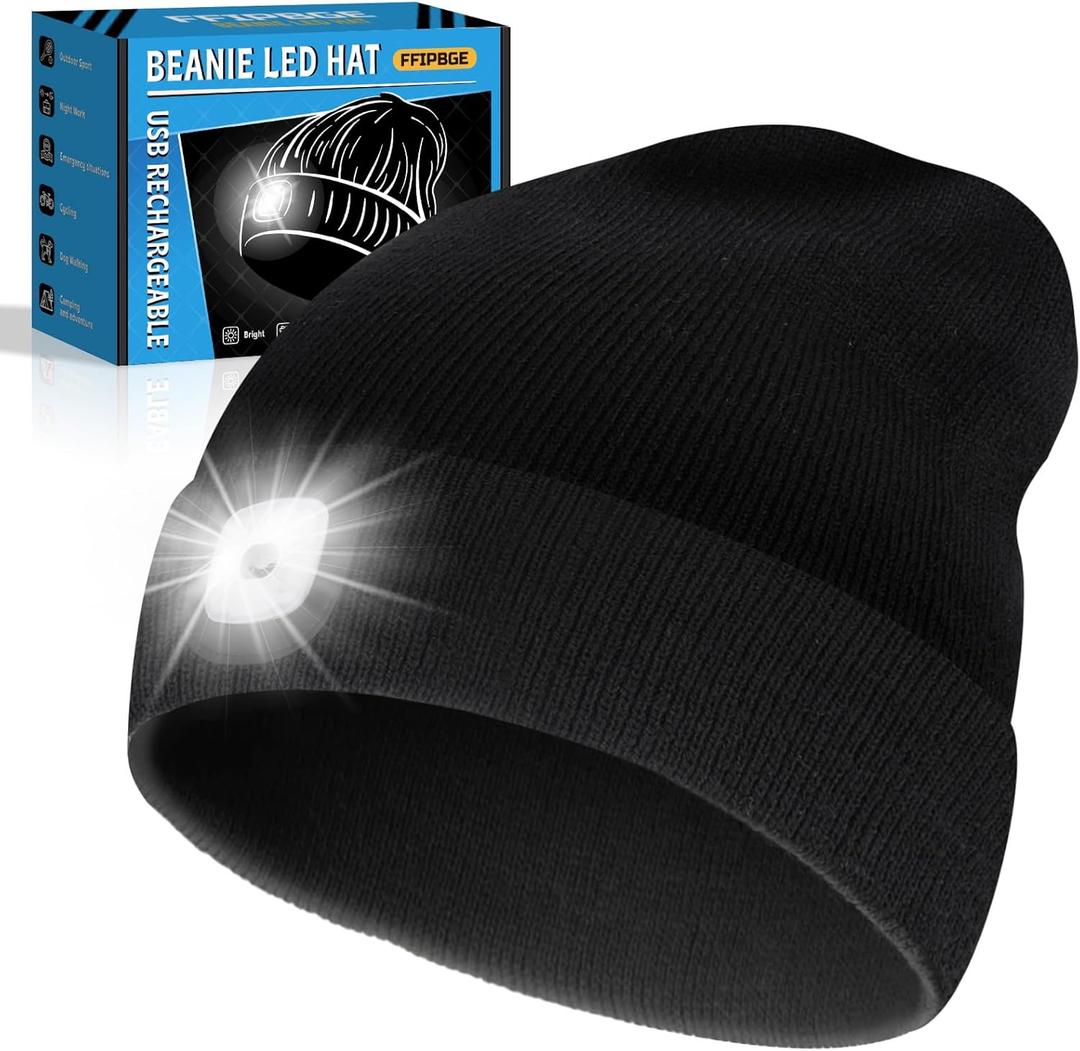 Valentines Day Gifts for Him, Beanie Hats with Light, USB Rechargeable LED Hand Free Headlamp, Birthday Gifts for Men, Women, and Teens, Ideal for Camping, Hiking, Black