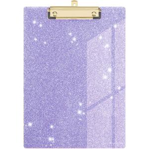 Glitter Acrylic Clipboard Decorative Standard A4 Letter Size 12.2" x 8.7", Fashion Bling Clip Boards with Designed Low Profile Gold Clip for Classroom Office - Purple