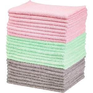 Amazon Basics Microfiber Cleaning Cloths, Ultra-Soft and Highly Absorbent, Streak-Free, Lint-Free, Scratch-Free, Washable, for Car Detailing and Glass Cleaning, 16" x 12", Green/Gray/Pink, 24-Pack