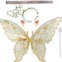 Fairy Wings for Adults and GirlsFairy Costume Set with Floral Garland, Fairy Hair Tinsel, Wand & Elf Ears  29"x21" Organza Butterfly Wings  Ideal for Cosplay, Party, Gold
