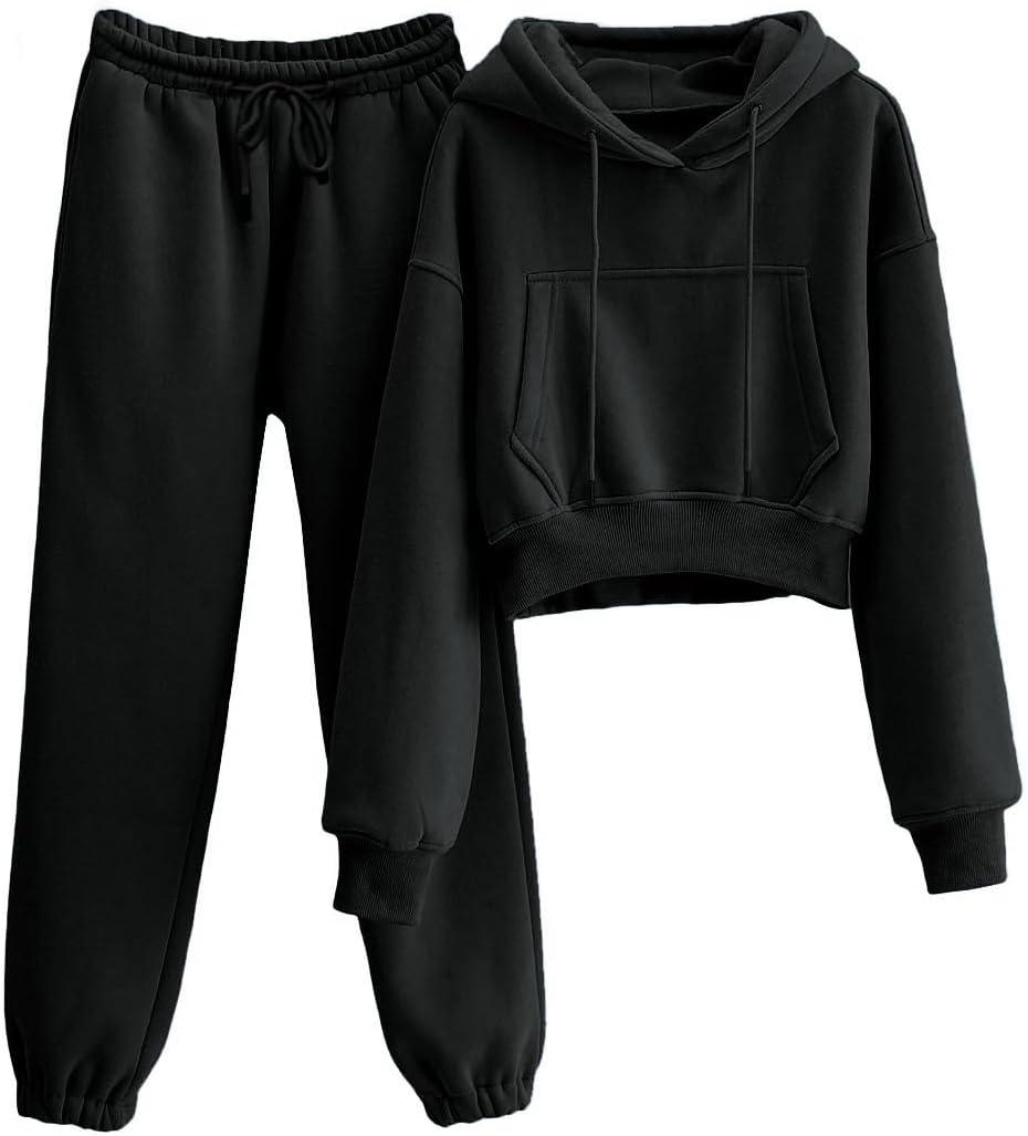 Sweatsuits for Women 2 Piece Set Crop Fleece Lining Hoodies Jogger Sweatpants Sweat Suits (Medium, Black)