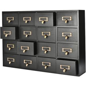 Flexzion Apothecary Cabinet with Drawers - 16 Vintage Apothecary Drawers Desktop Organizer for Home & Office - Wooden Tabletop Library Card Catalog Cabinet Storage for Jewelry, Makeup & Tools, Black