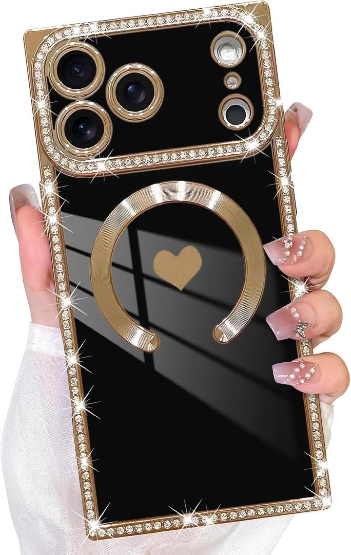 Bonoma Magnetic Case for iPhone 17 Pro Max,Cute Black Love Hearts Design | [Compatible with MagSafe]Luxury Rhinestone Camera Protection,Sparkly Slim Soft Back Cover for Women Girls